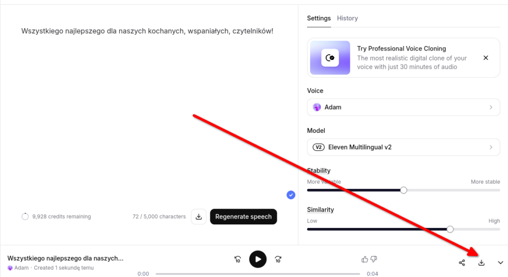 Jak pobrać audio wygenerowane przez generator głosu AI?