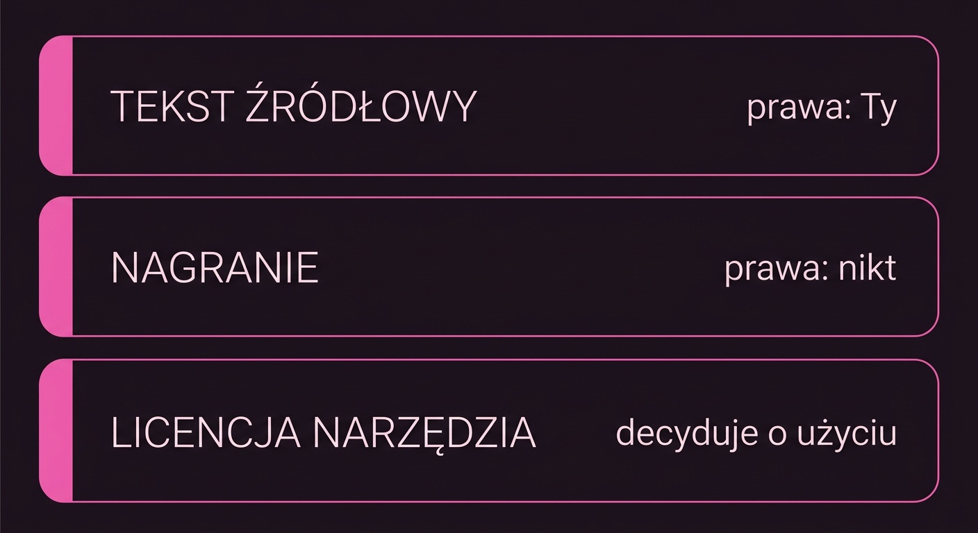 Trzy warstwy praw: tekst źródłowy należy do Ciebie, nagranie prawdopodobnie do nikogo, a o użyciu decyduje licencja narzędzia